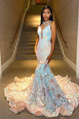 Sleeveless Sexy Mermaid Heavy Long Evening Dress with Appliques