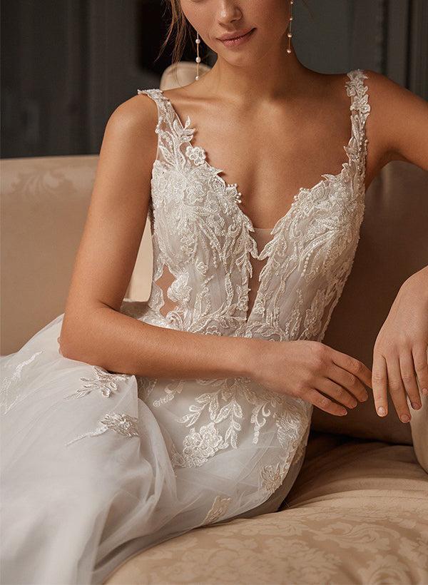 Sleeveless Sweep Train Tulle Beach Wedding Dress With Appliques Lace