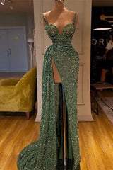 Spaghetti Starps Shinning Sequins Mermaid Prom Dress With Split
