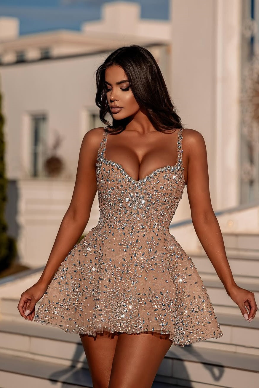 Spaghetti Straps A Line Graduation Dress Beaded Short Cocktail Dress