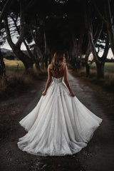 Spaghetti Straps Beach Wedding Dress Sequined Corset Sleeveless A Line Bridal Gown