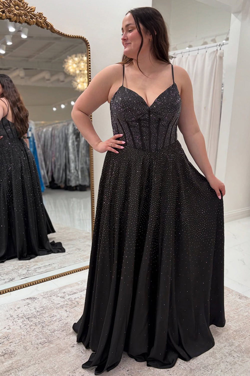 Spaghetti Straps Black Prom Dress A Line Long Formal Dress With Beadings