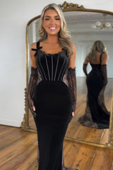 Spaghetti Straps Black Velvet Evening Dress Mermaid Corset Long Christmas Party Dress