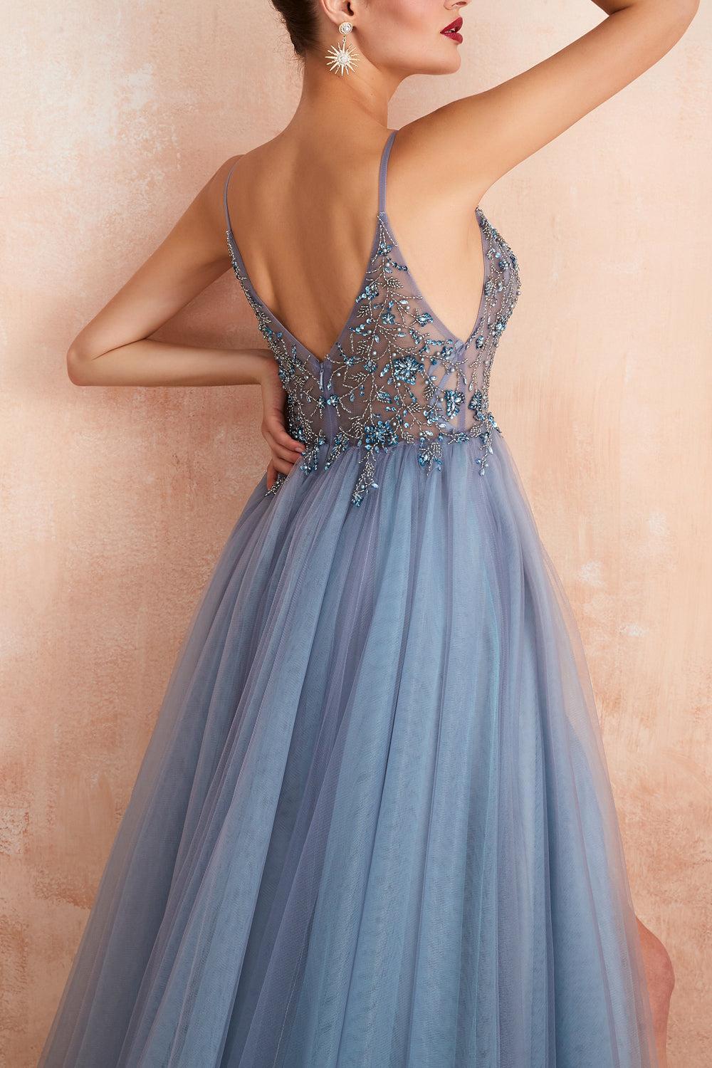 Spaghetti Straps Blue Prom Dress Long Evening Dress With Slit