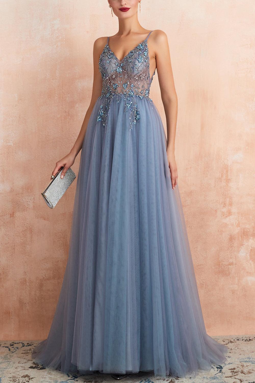 Spaghetti Straps Blue Prom Dress Long Evening Dress With Slit