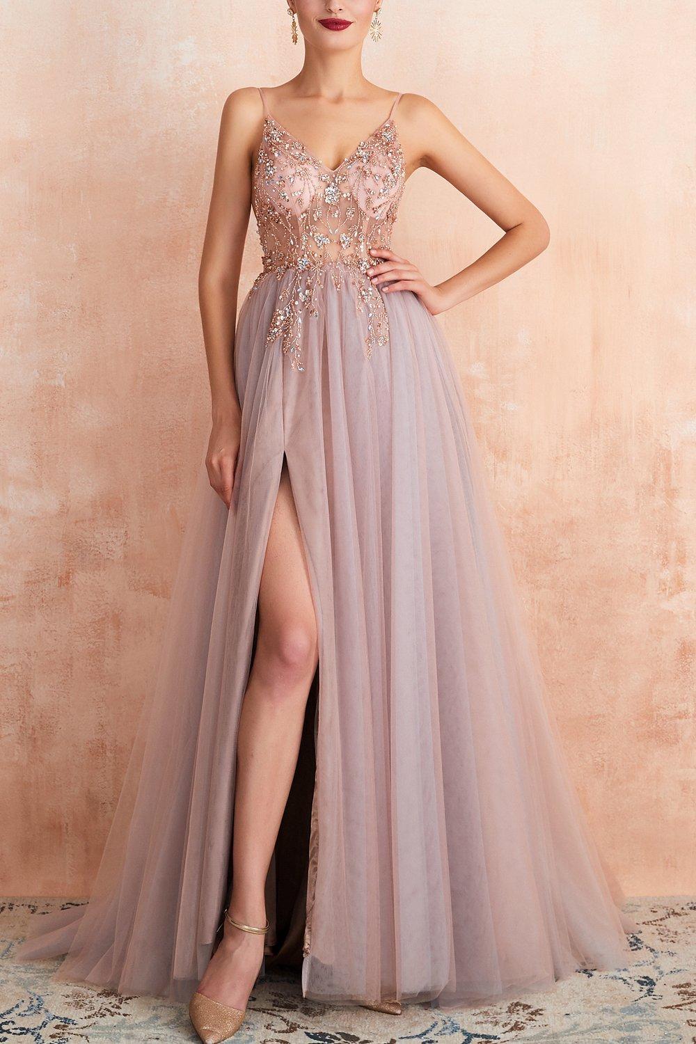 Spaghetti Straps Blue Prom Dress Long Evening Dress With Slit