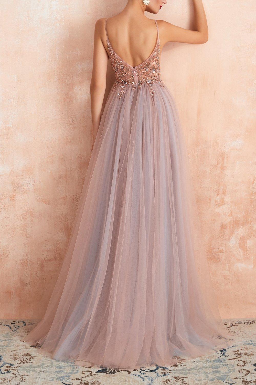 Spaghetti Straps Blue Prom Dress Long Evening Dress With Slit