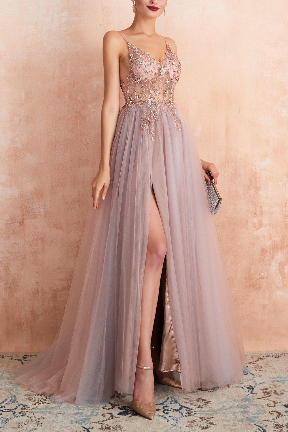 Spaghetti Straps Blue Prom Dress Long Evening Dress With Slit