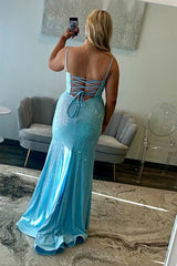 Spaghetti Straps Corset Light Blue Prom Dress Formal Dress With Slit