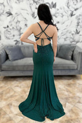 Spaghetti Straps Dark Green Prom Dress Mermaid Evening Dress With Slit