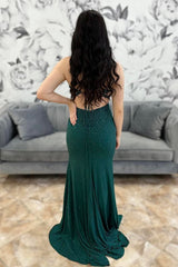 Spaghetti Straps Dark Green Prom Dress Mermaid Evening Dress With Slit