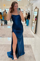 Spaghetti Straps Gold Prom Dress Metallic Long Formal Dress With Slit