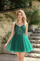 Spaghetti Straps Graduation Dress Sequin A Line Tulle Short Prom Dress