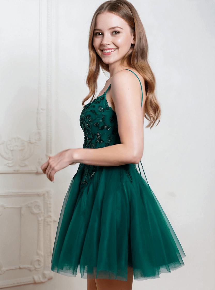 Spaghetti Straps Graduation Dress Sequin A Line Tulle Short Prom Dress