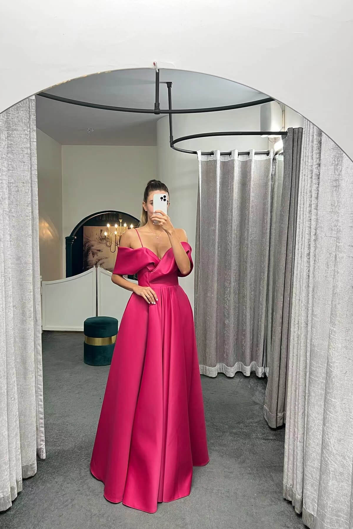 Spaghetti Straps Off the Shoulder A Line Lace Up Back Long Evening Dress