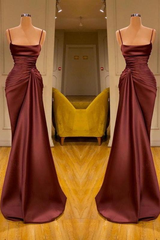 Spaghetti Straps Prom Dress Mermaid Satin Solid Formal Dress