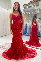 Spaghetti Straps Red Prom Dress Mermaid Long Formal Dress With Sequins