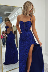 Spaghetti Straps Royal Blue Prom Dress Memraid Long Formal Dress With Slit
