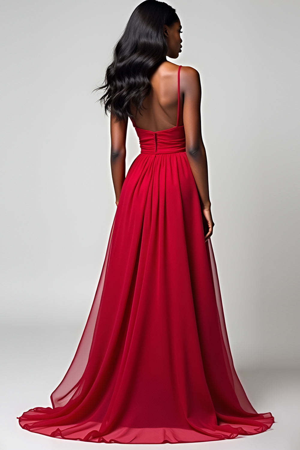 Spaghetti Straps Ruched Backless Red Wedding Guest Dress Long Formal Dress