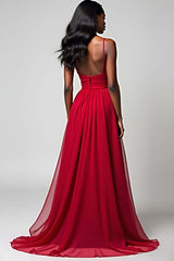 Spaghetti Straps Ruched Backless Red Wedding Guest Dress Long Formal Dress