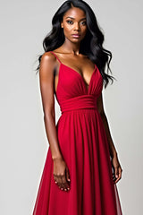 Spaghetti Straps Ruched Backless Red Wedding Guest Dress Long Formal Dress