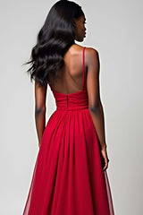 Spaghetti Straps Ruched Backless Red Wedding Guest Dress Long Formal Dress