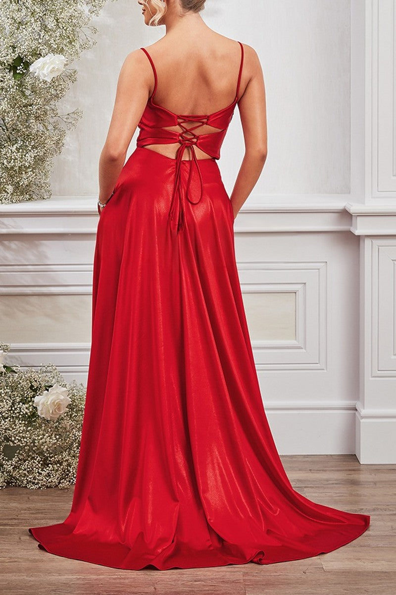Spaghetti Straps Satin Prom Dress A Line Lace Up Back Formal Evening Dress
