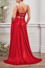 Spaghetti Straps Satin Prom Dress A Line Lace Up Back Formal Evening Dress