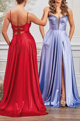 Spaghetti Straps Satin Prom Dress A Line Lace Up Back Formal Evening Dress
