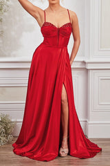 Spaghetti Straps Satin Prom Dress A Line Lace Up Back Formal Evening Dress