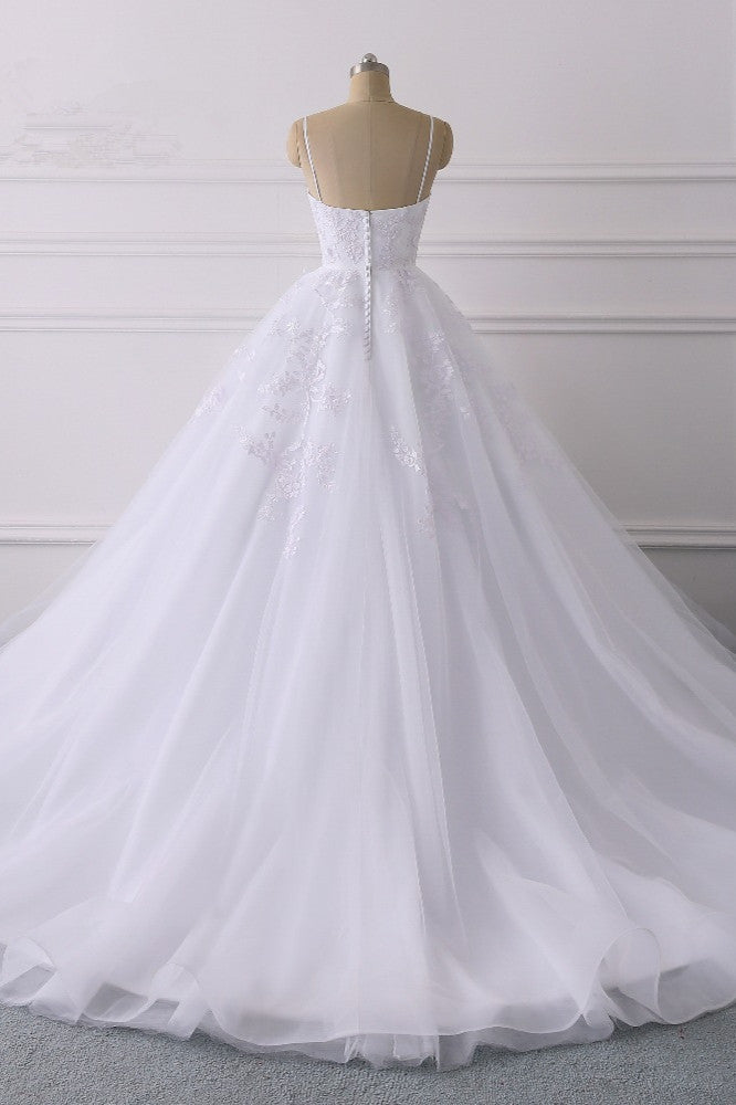 Spaghetti Straps V Neck Tulle Wedding Dress with Lace Appliques