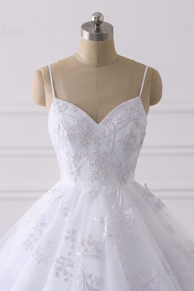 Spaghetti Straps V Neck Tulle Wedding Dress with Lace Appliques