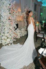 Spaghetti Straps Wedding Dress Mermaid Sleeveless Backless Beaded Bridal Dress