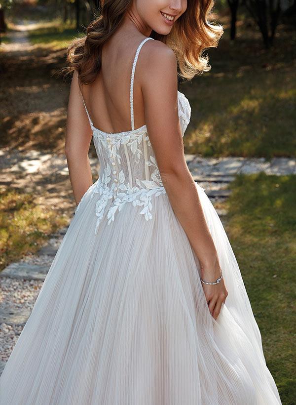 Spaghetti Traps Wedding Dress A Line Tulle With Lace Appliques and Sweep Train