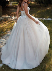 Spaghetti Traps Wedding Dress A Line Tulle With Lace Appliques and Sweep Train