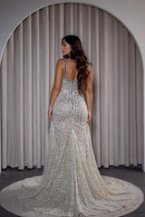 Spaghetti Straps Prom Dress Mermaid Sleeveless Evening Dress with Slit