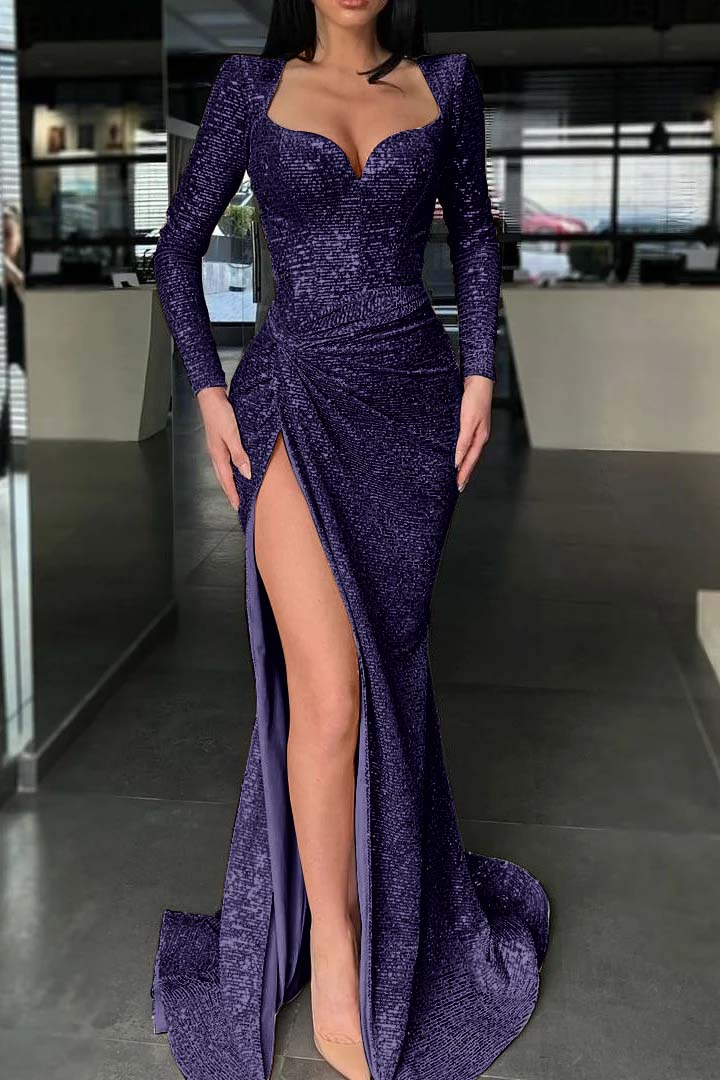 Sparkle Long Sleeves Evening Dress Sweetheart Sequin Mermaid High Split Prom Dress