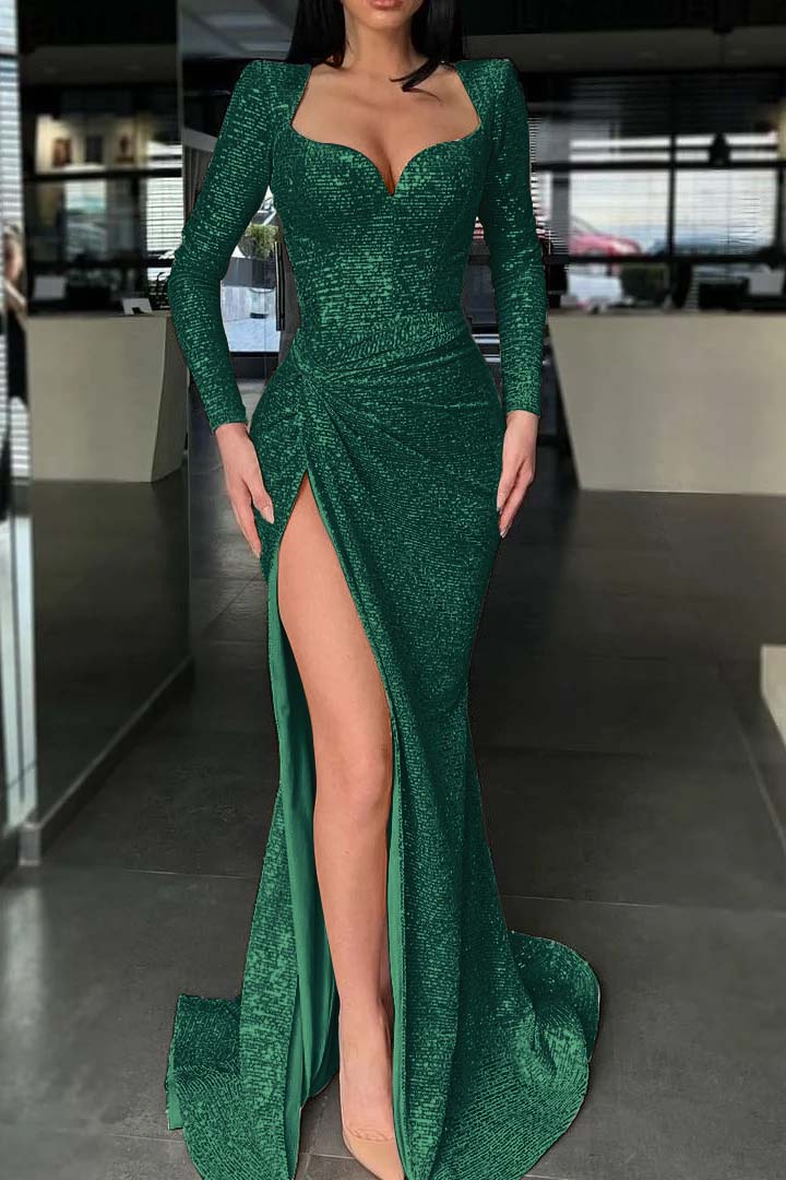 Sparkle Long Sleeves Evening Dress Sweetheart Sequin Mermaid High Split Prom Dress