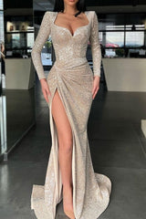 Sparkle Long Sleeves Evening Dress Sweetheart Sequin Mermaid High Split Prom Dress