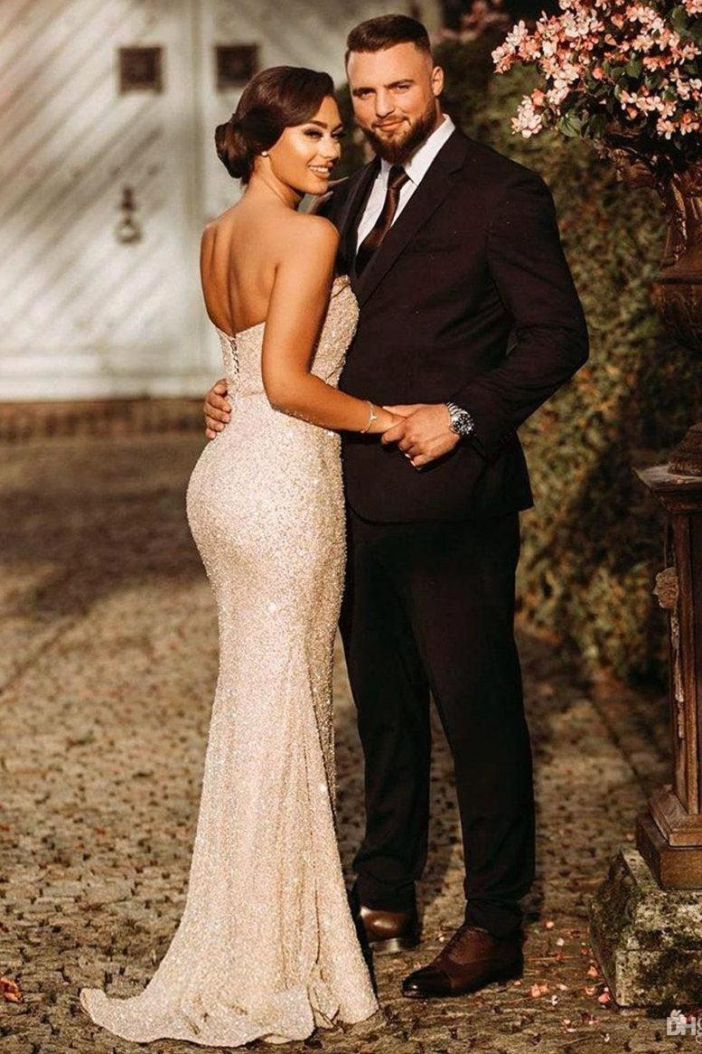 Sparkle Sequin Strapless Column High Split Long Prom Dress