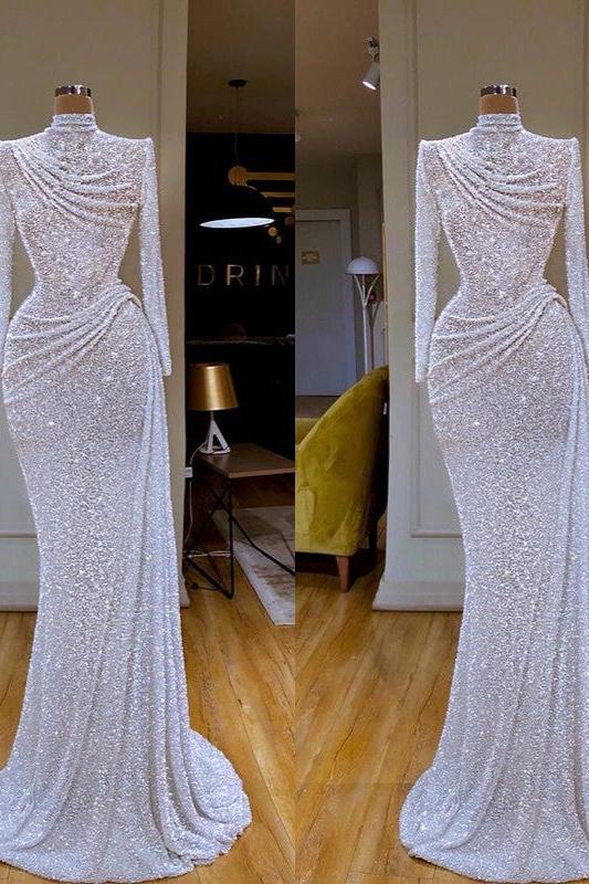 Sparkle White Sequined Evening Dress Long Sleeve Pleated Formal Dress