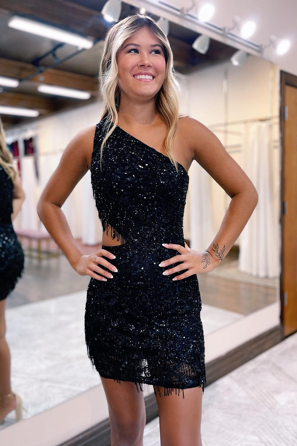 Sparkly Black One Shoulder Short Graduation Dress