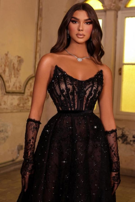 Sparkly Black Prom Dress Strapless A Line Beaded Lace Formal Dress With Rhinestones