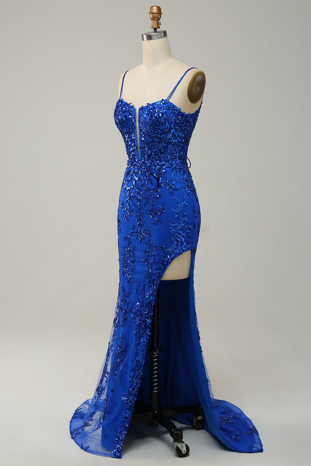 sparkly blue sheath sequins long prom dress with slit Blue Mermaid Sequin Prom Dress with Long Sleeve, Slit, and Sweetheart Viniodress