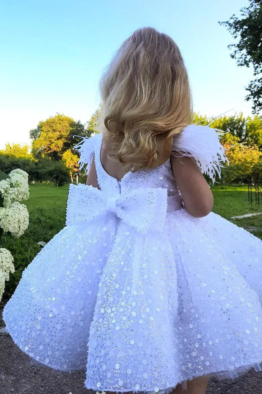 Sparkly Crew Neck Ball Gown Flower Girl Dress with Feathers