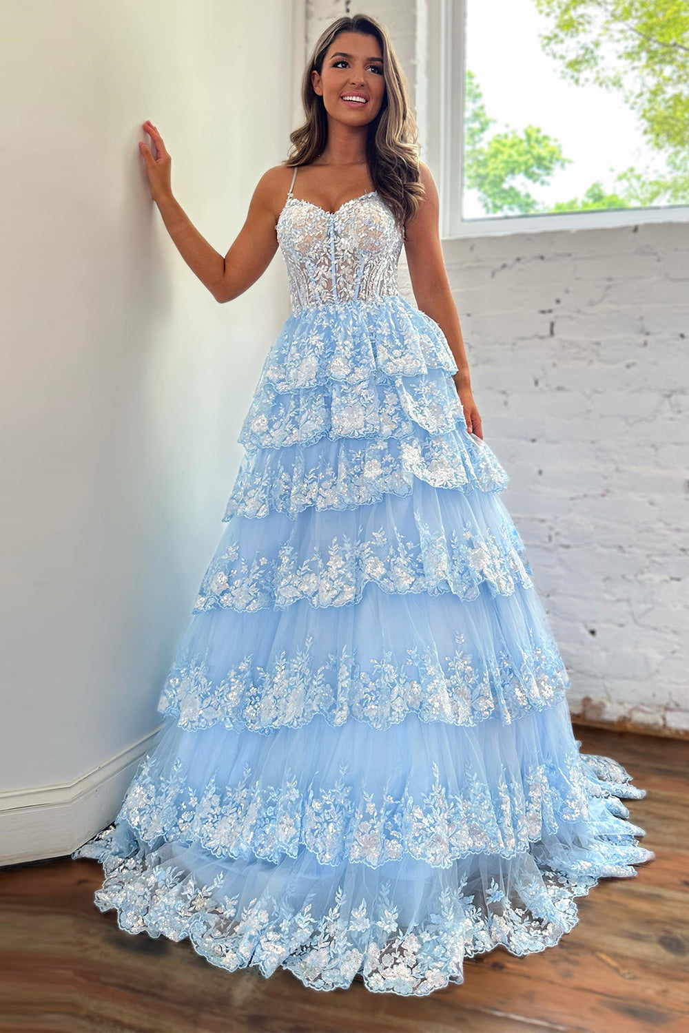 Sparkly Dark Blue Spaghetti Straps Tiered Lace Long Corset Prom Dress Dreamyannie UK Sparkly Dark Blue Spaghetti Straps Tiered Lace Long Corset Prom Dress Dreamyannie UK