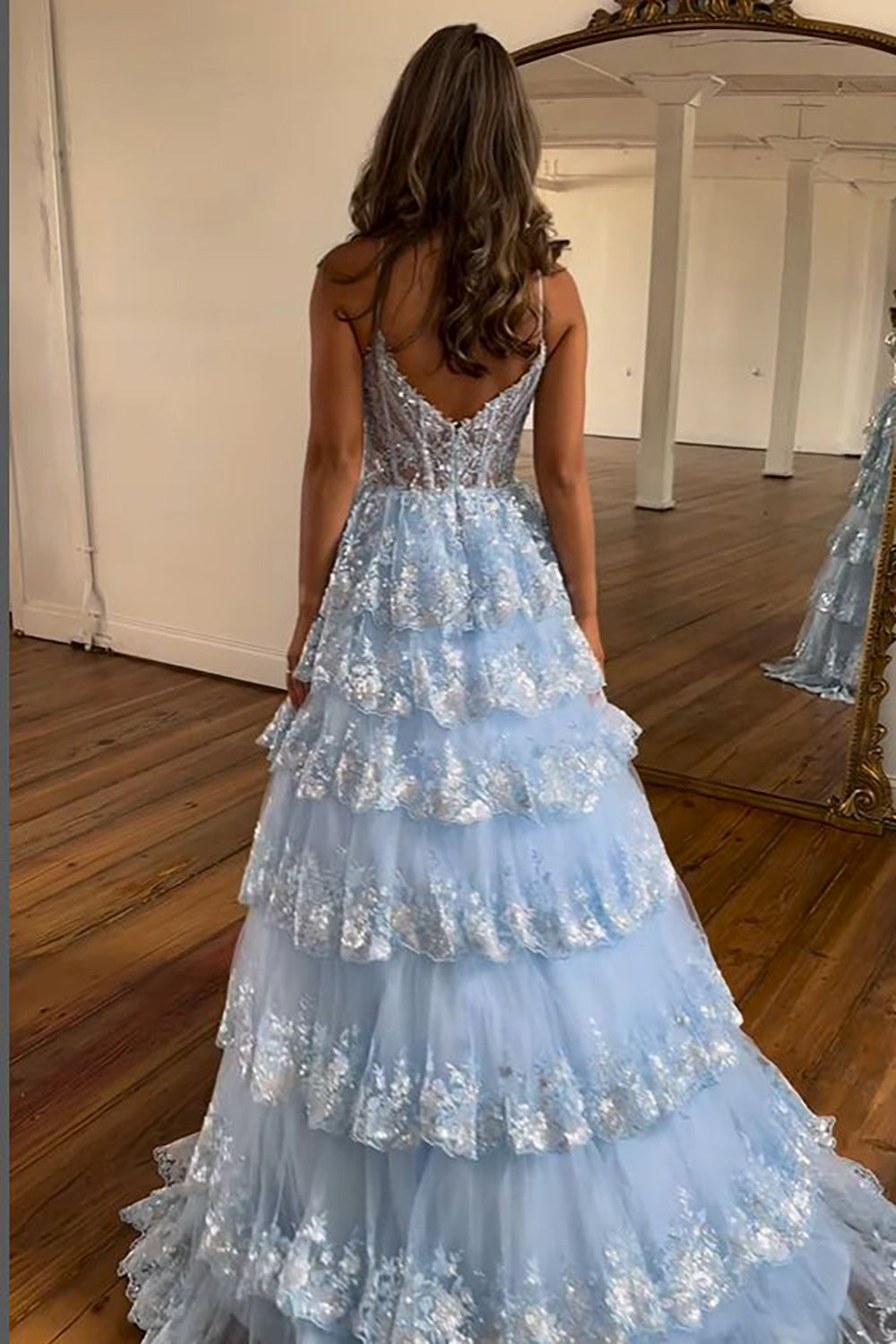 Sparkly Dark Blue Spaghetti Straps Tiered Lace Long Corset Prom Dress Dreamyannie UK Sparkly Dark Blue Spaghetti Straps Tiered Lace Long Corset Prom Dress Dreamyannie UK