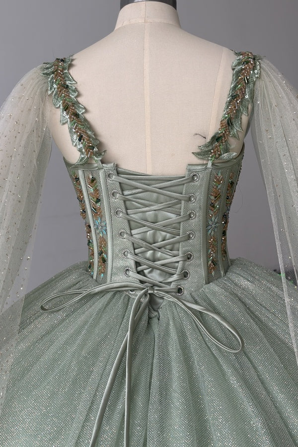 Sparkly & Glitter Ball Gown Sweetheart Neck Sleeveless Beaded Sage Tulle Green Quinceanera Dress Formal Evening Party Gown For Sweet 16