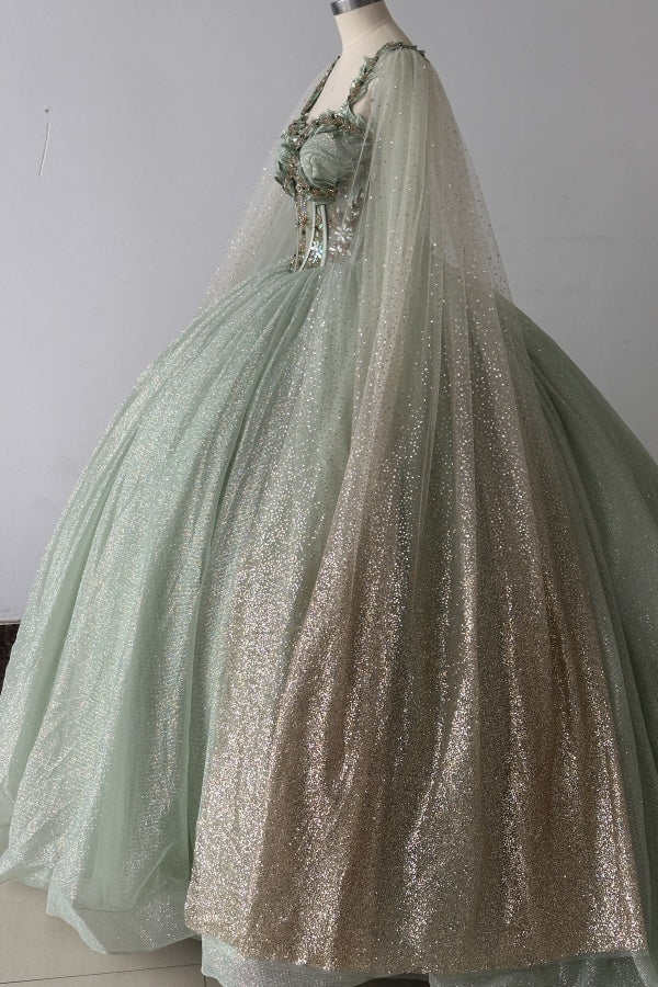 Sparkly & Glitter Ball Gown Sweetheart Neck Sleeveless Beaded Sage Tulle Green Quinceanera Dress Formal Evening Party Gown For Sweet 16