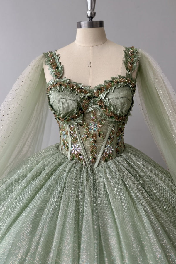 Sparkly & Glitter Ball Gown Sweetheart Neck Sleeveless Beaded Sage Tulle Green Quinceanera Dress Formal Evening Party Gown For Sweet 16